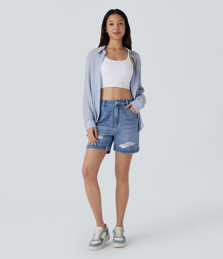 Halara Flex™ - Gewaschene Freizeit-Shorts aus elastischem Strick-Denim mit hohem Bund, mehreren Taschen, Löchern und gerolltem Saum