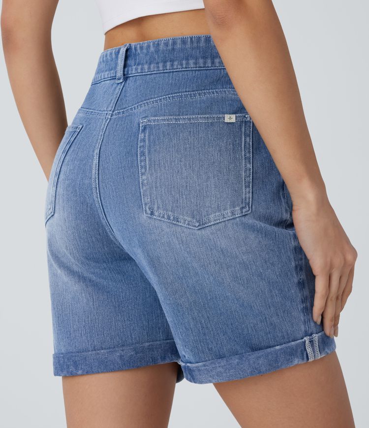 Halara Flex™ - Gewaschene Freizeit-Shorts aus elastischem Strick-Denim mit hohem Bund, mehreren Taschen, Löchern und gerolltem Saum