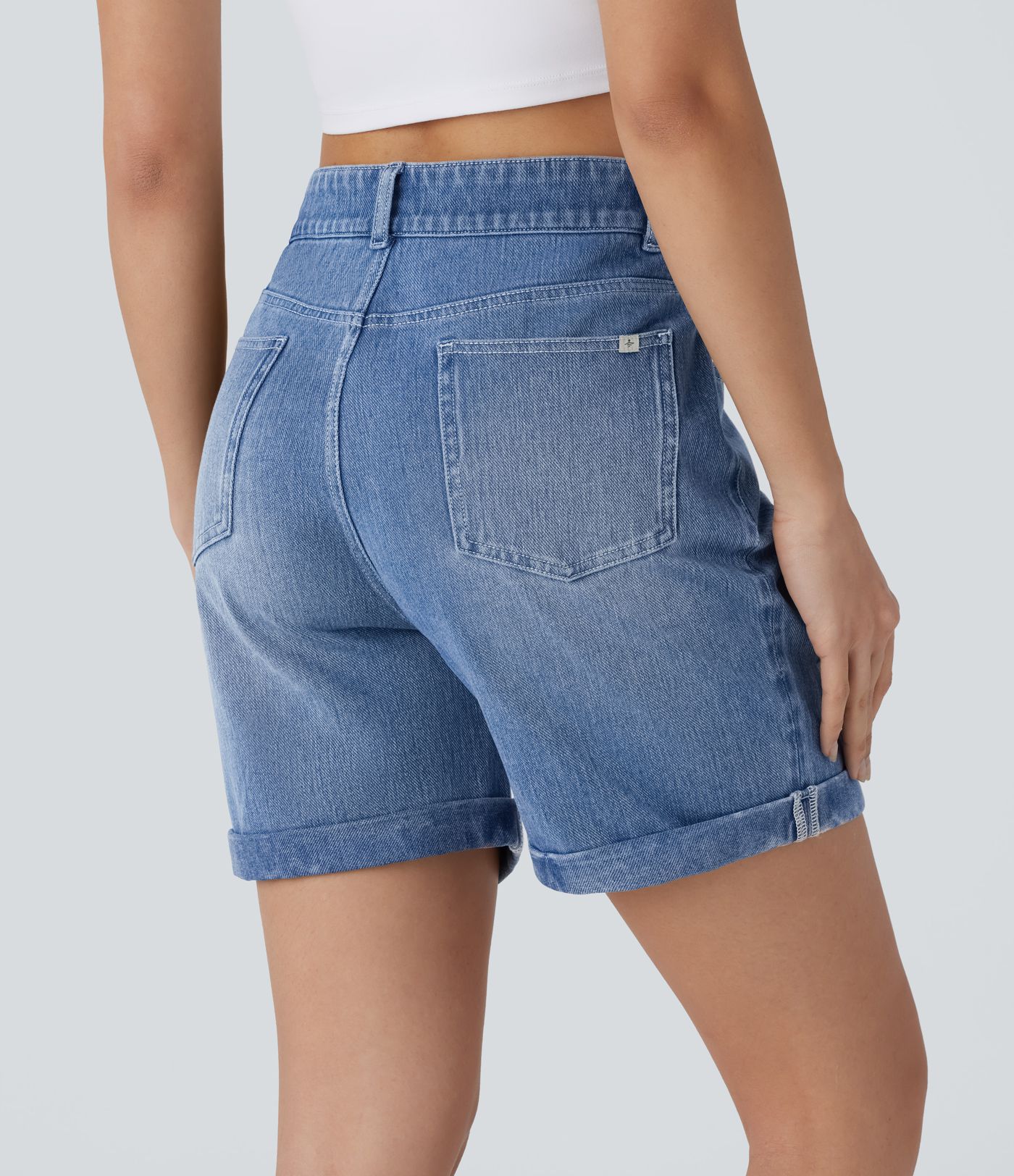 Halara Flex™ - Gewaschene Freizeit-Shorts aus elastischem Strick-Denim mit hohem Bund, mehreren Taschen, Löchern und gerolltem Saum