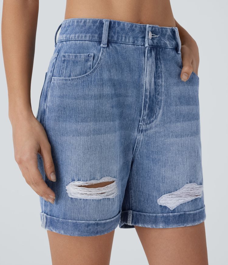 Halara Flex™ - Gewaschene Freizeit-Shorts aus elastischem Strick-Denim mit hohem Bund, mehreren Taschen, Löchern und gerolltem Saum