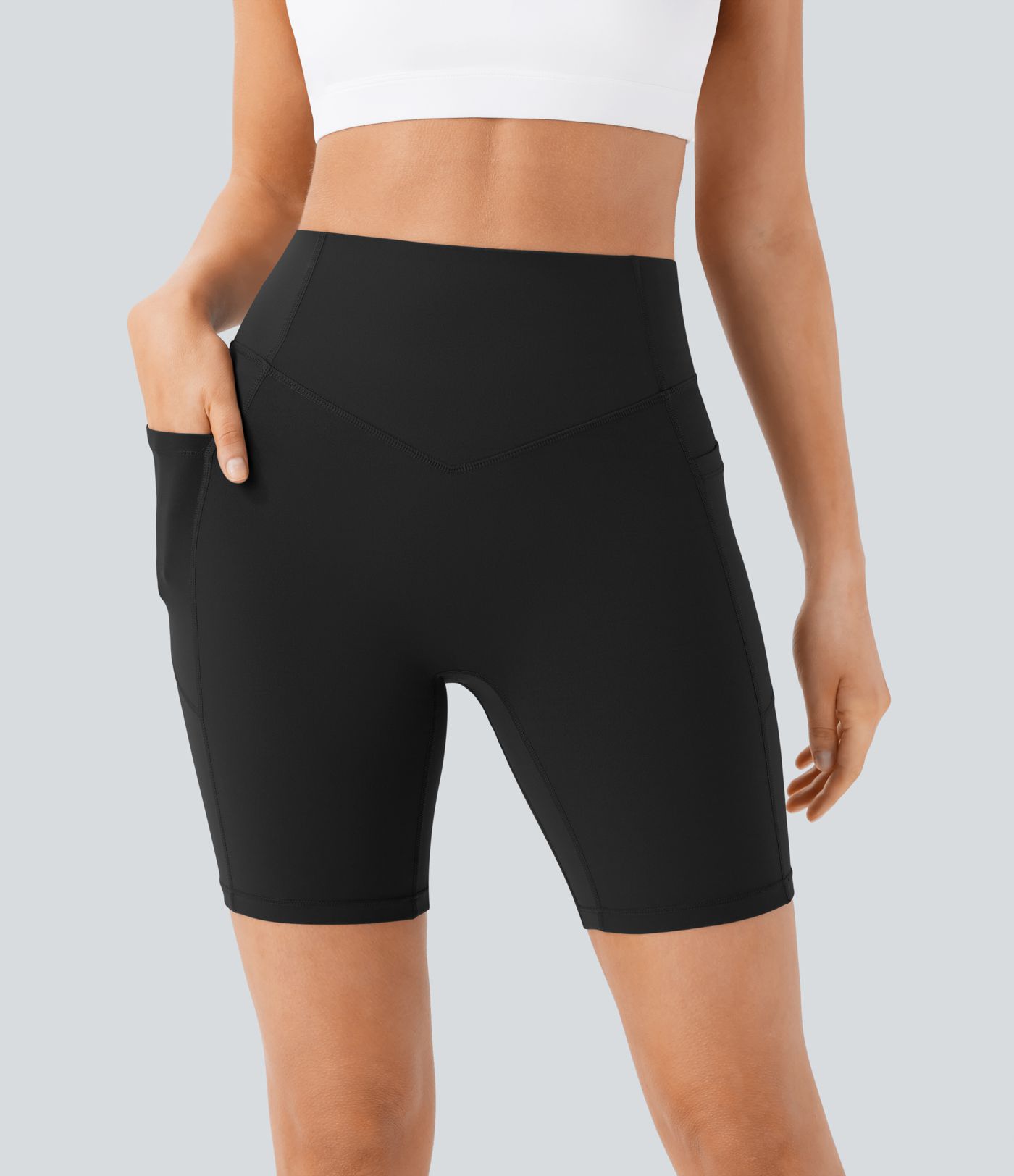 Halara UltraSculpt™ - Formende Workout-Shorts mit hohem Bund, Seitentaschen, Booty-Scrunch und Seitentaschen - Po-Lifting, 17,8 cm