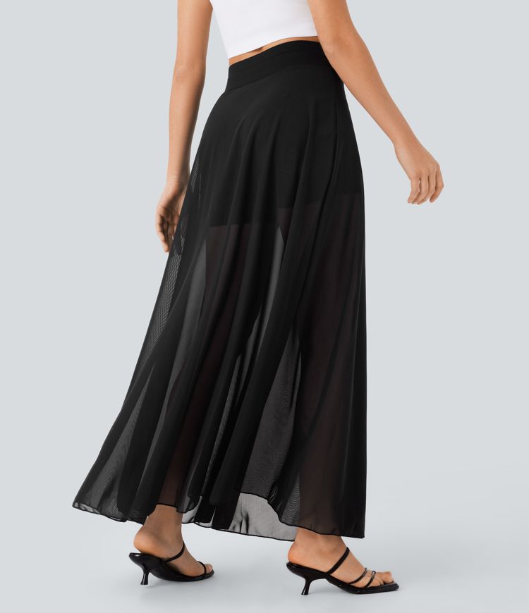 Fließender 2-in-1 Maxi-Flare-Freizeitrock mit hohem Bund, Seitentaschen und kontrastierendem Netzstoff