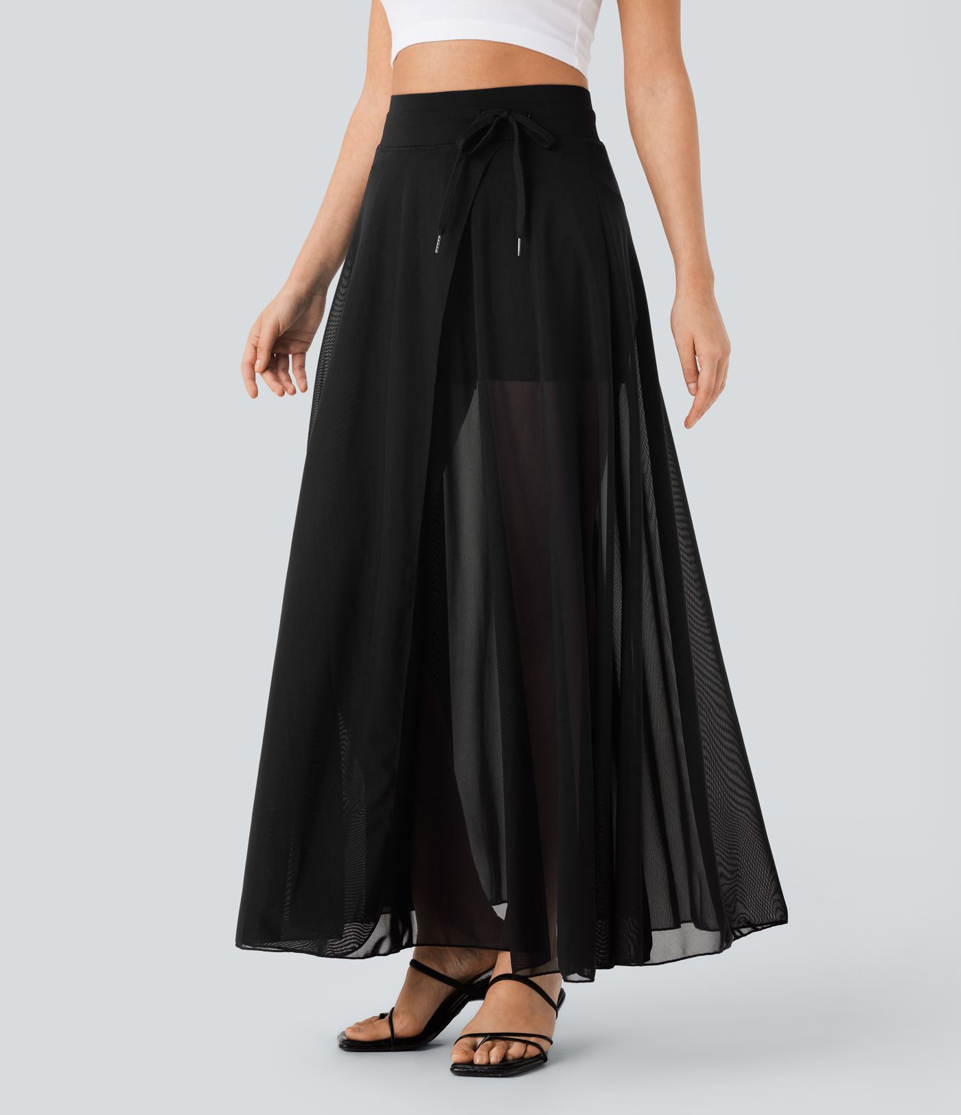 Fließender 2-in-1 Maxi-Flare-Freizeitrock mit hohem Bund, Seitentaschen und kontrastierendem Netzstoff