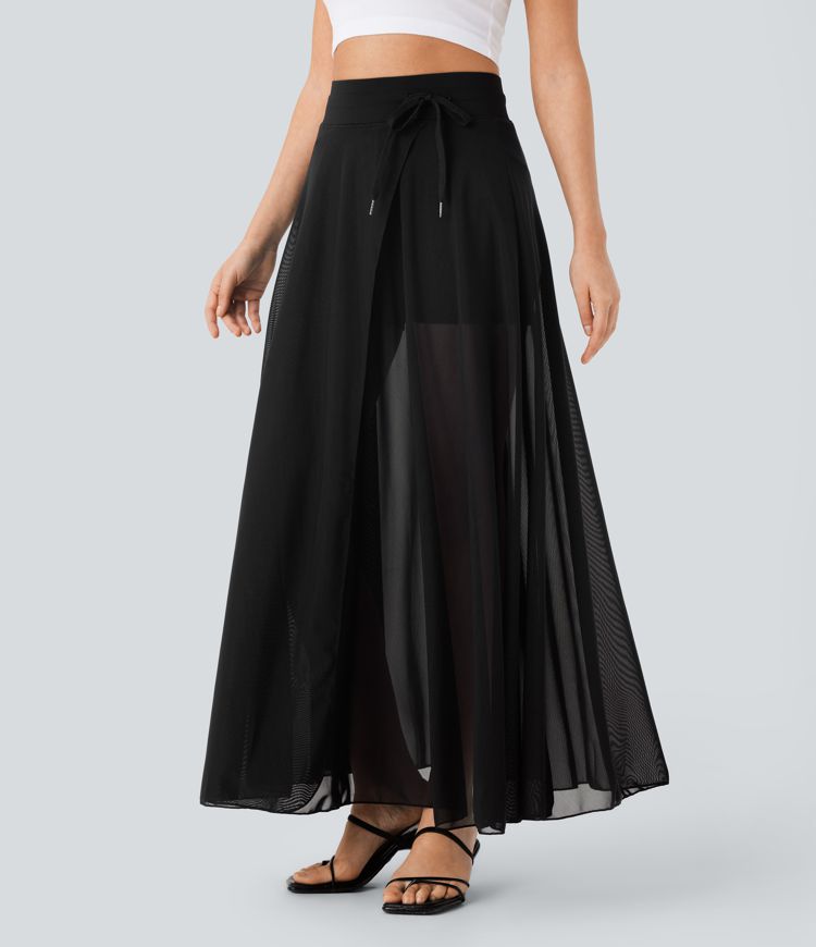 Fließender 2-in-1 Maxi-Flare-Freizeitrock mit hohem Bund, Seitentaschen und kontrastierendem Netzstoff