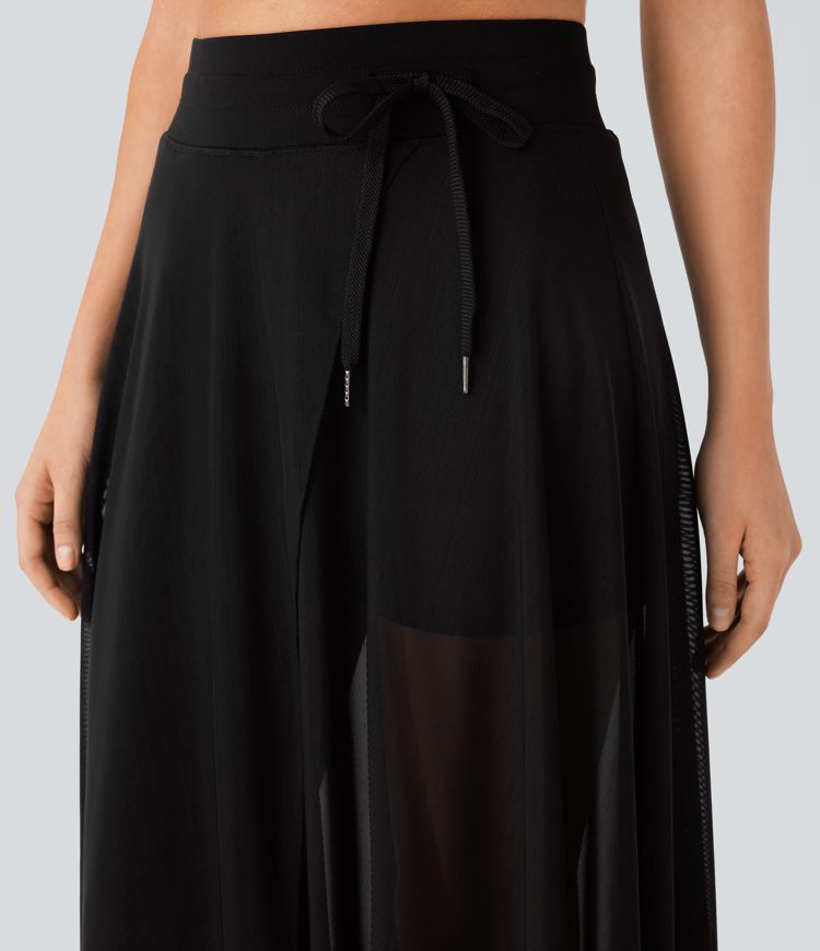 Fließender 2-in-1 Maxi-Flare-Freizeitrock mit hohem Bund, Seitentaschen und kontrastierendem Netzstoff