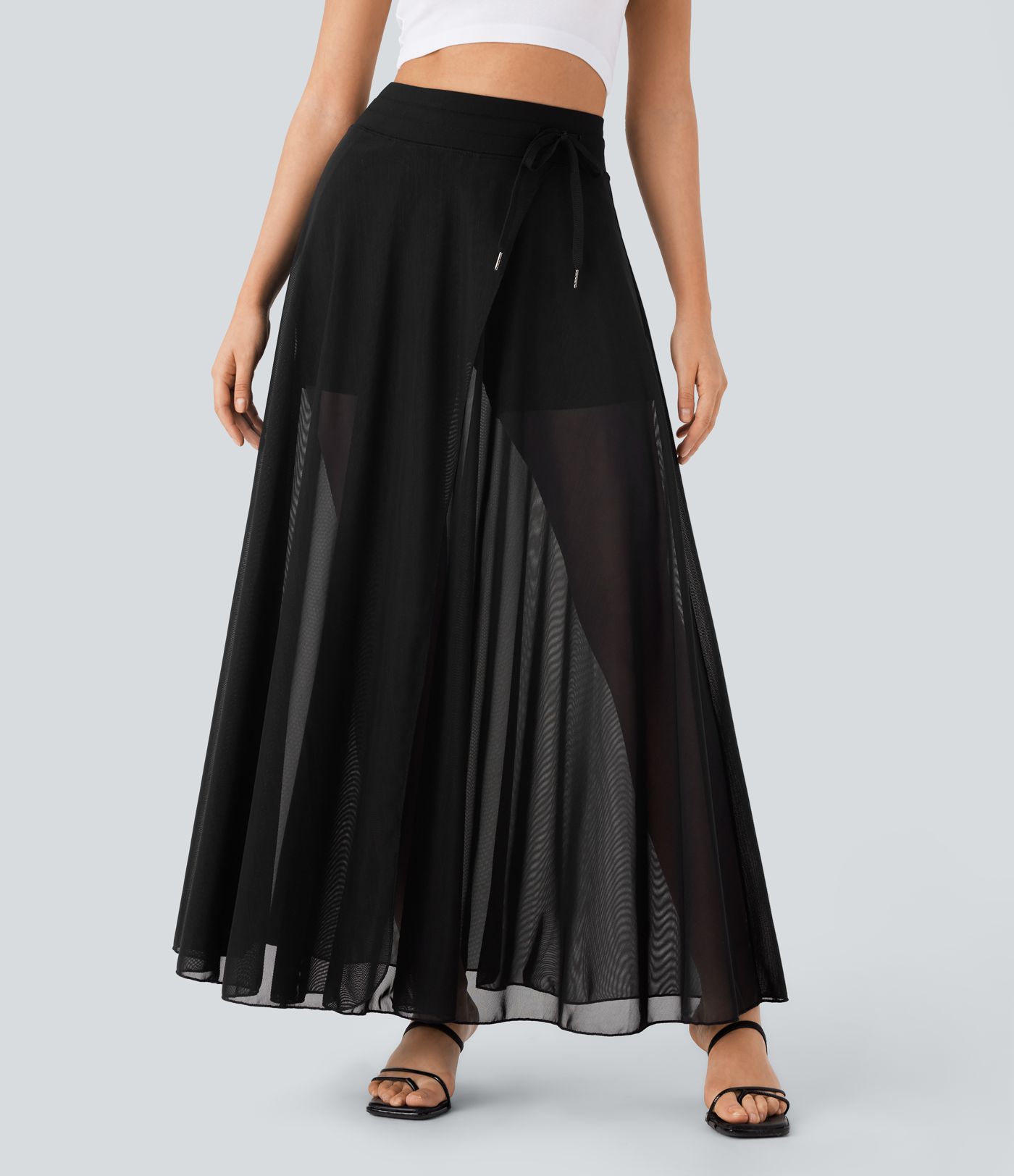 Fließender 2-in-1 Maxi-Flare-Freizeitrock mit hohem Bund, Seitentaschen und kontrastierendem Netzstoff