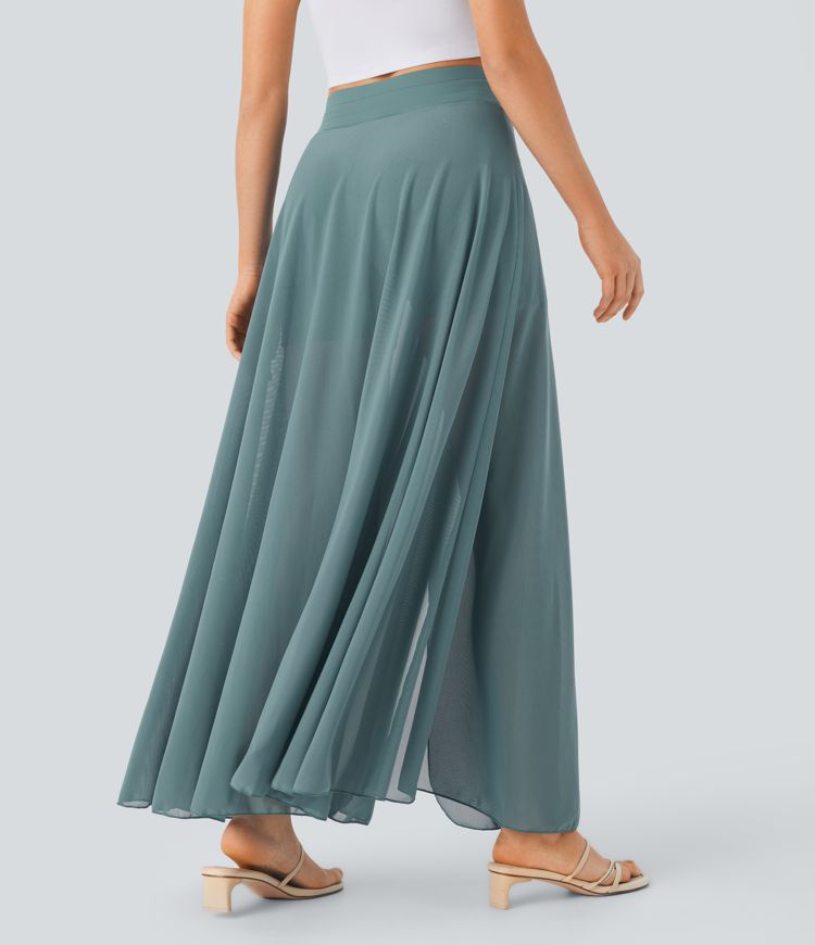 High Waisted Drawstring Contrast Mesh 2-in-1 Side Pocket Flowy Maxi Flare Casual Skirt