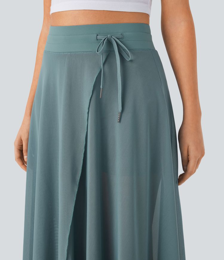 High Waisted Drawstring Contrast Mesh 2-in-1 Side Pocket Flowy Maxi Flare Casual Skort