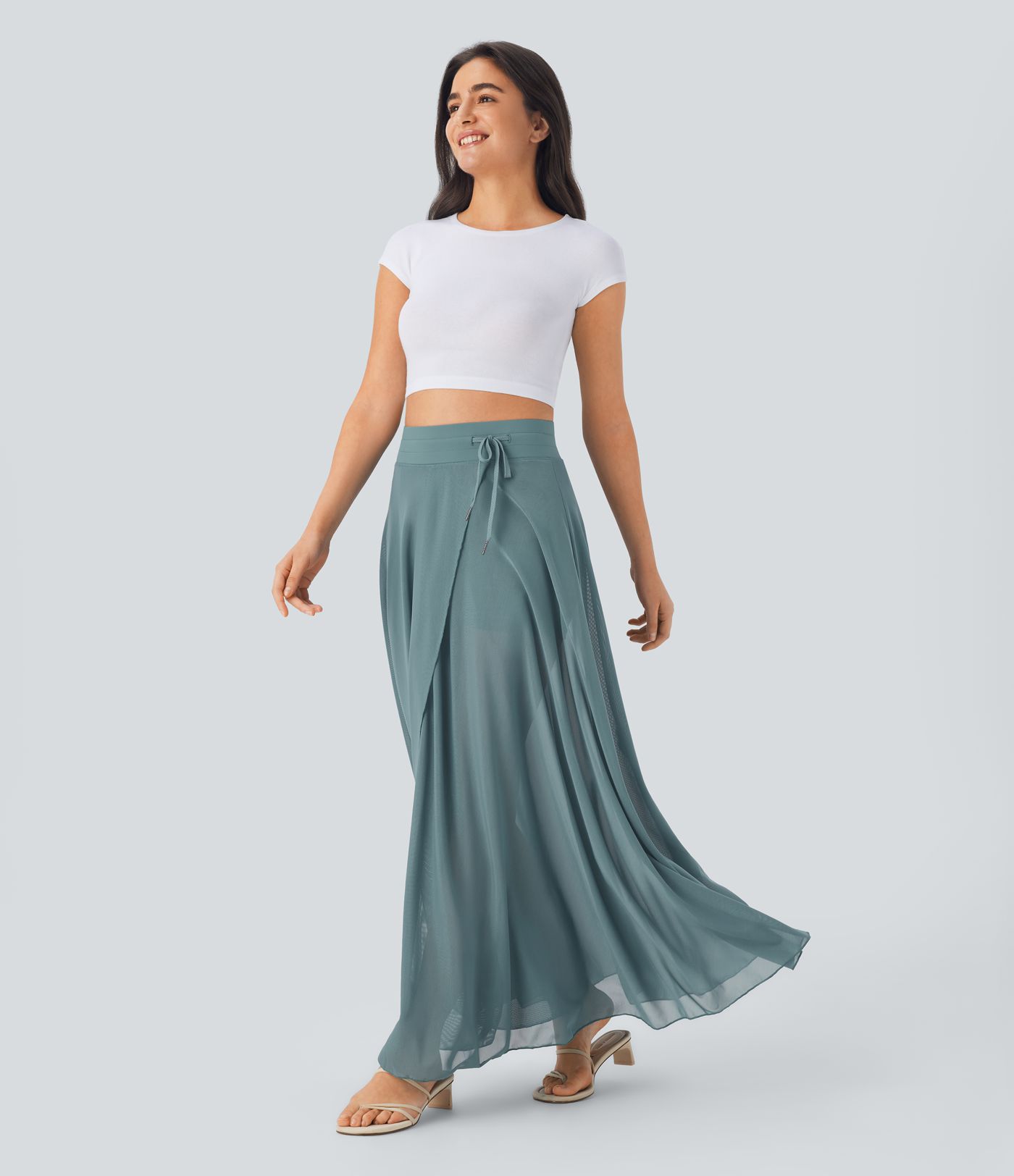 Φούστα Casual Maxi Flare με Κορδόνι στη Μέση, Αντίθεση Mesh, 2-σε-1 Τσέπη και Ρέουσα Γραμμή