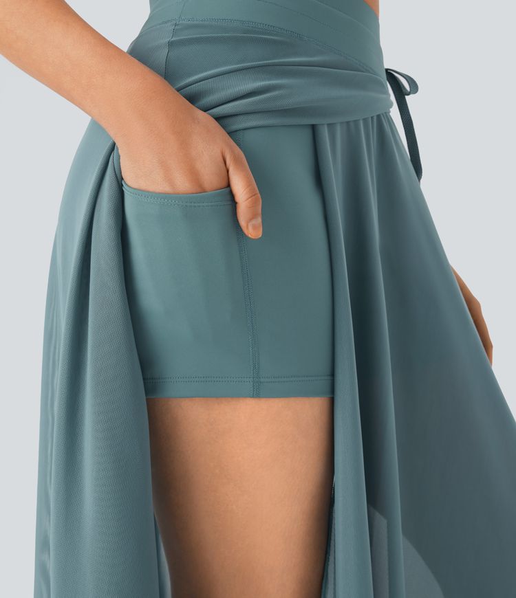 High Waisted Drawstring Contrast Mesh 2-in-1 Side Pocket Flowy Maxi Flare Casual Skort