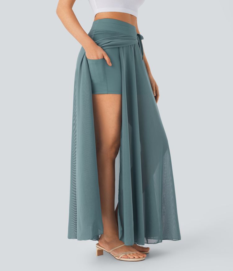 High Waisted Drawstring Contrast Mesh 2-in-1 Side Pocket Flowy Maxi Flare Casual Skort