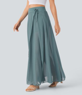 Jupe maxi fluide évasée décontractée, taille haute avec cordon, empiècement en mesh contrastant et poche 2-en-1
