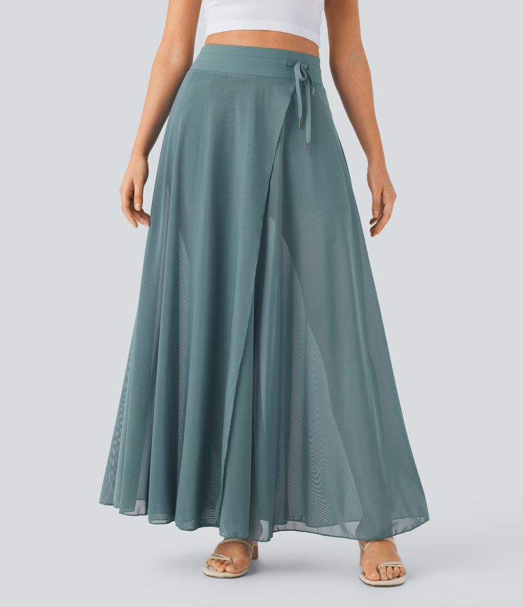 High Waisted Drawstring Contrast Mesh 2-in-1 Side Pocket Flowy Maxi Flare Casual Skort
