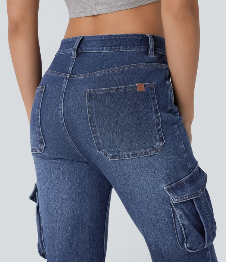 Halara Flex™ Mid Rise Pockets Washed Casual Cargo Flare Jeans