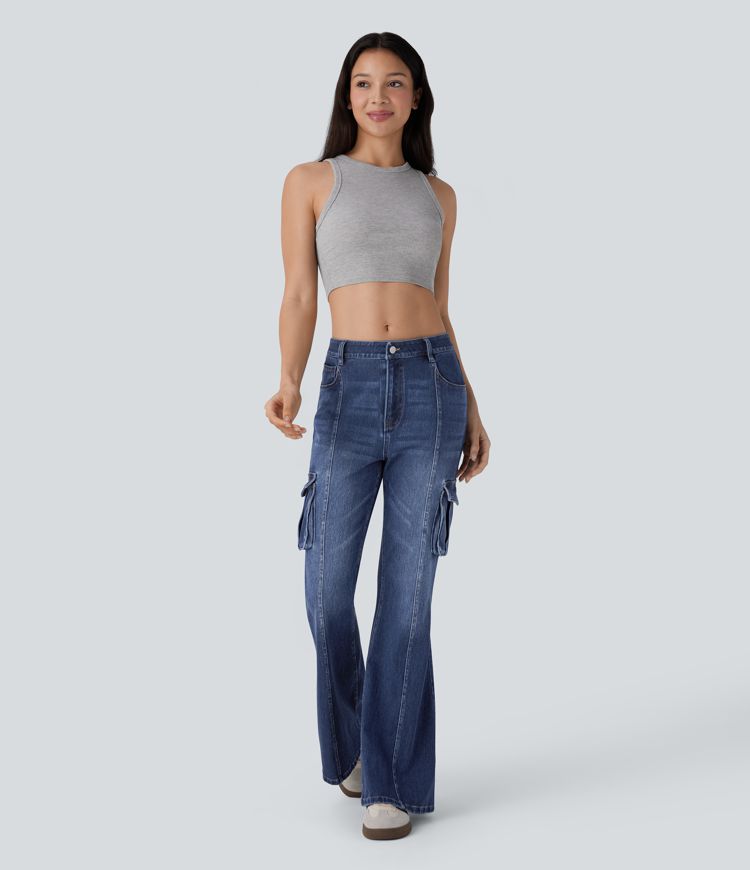 Halara Flex™ Mid Rise Pockets Washed Casual Cargo Flare Jeans