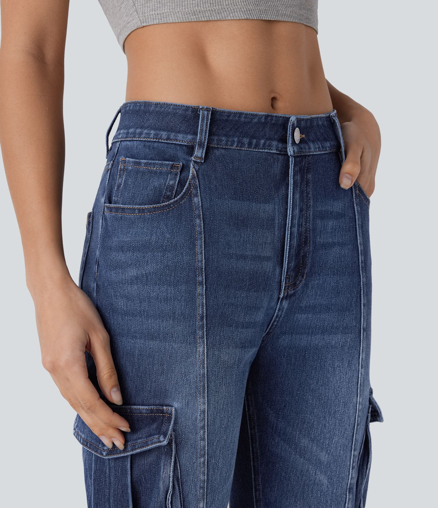 Halara Flex™ Jean cargo évasé décontracté délavé en denim extensible taille moyenne avec poches multiples