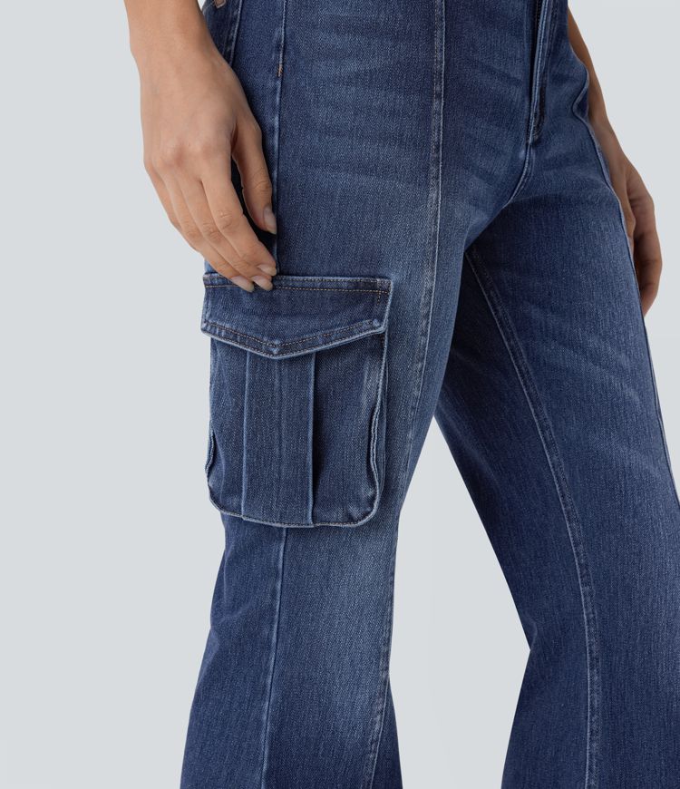Halara Flex™ Mid Rise Pockets Washed Casual Cargo Flare Jeans
