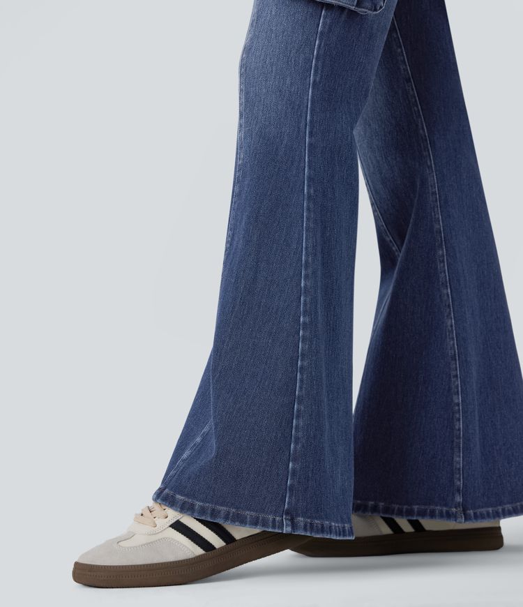 Jeans cargo Halara Flex™ Denim acampanado elástico lavado múltiple bolsillo