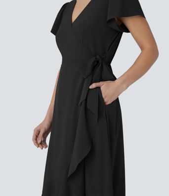 Breezeful™ V Neck Short Sleeve Wrapped Tie Pocket Ruffle Flowy Quick Dry Midi Casual Dress