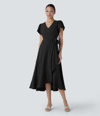 Breezeful™ V Neck Short Sleeve Wrapped Tie Pocket Ruffle Flowy Quick Dry Midi Casual Dress