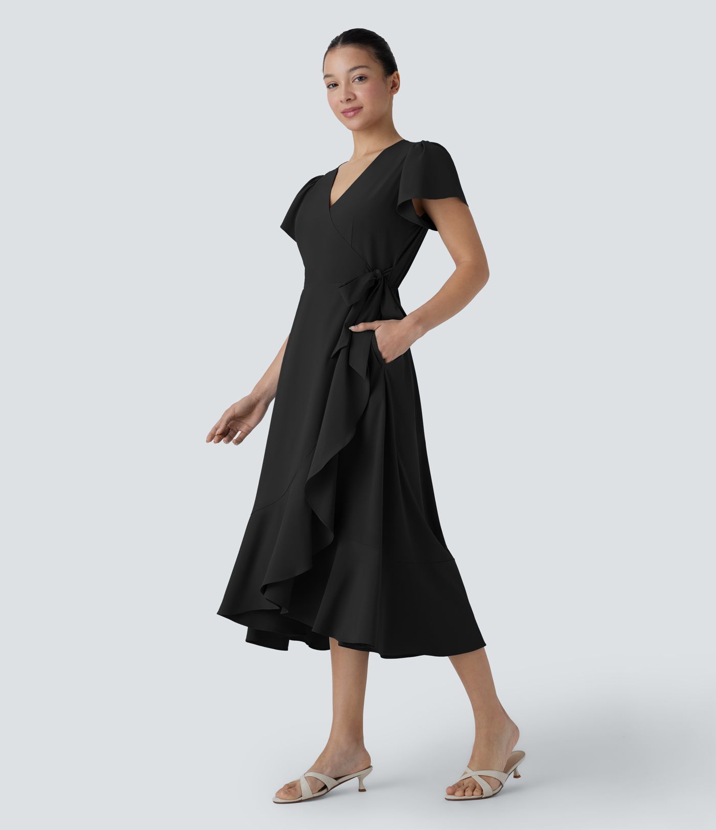 Breezeful™ V Neck Short Sleeve Wrapped Tie Pocket Ruffle Flowy Quick Dry Midi Casual Dress