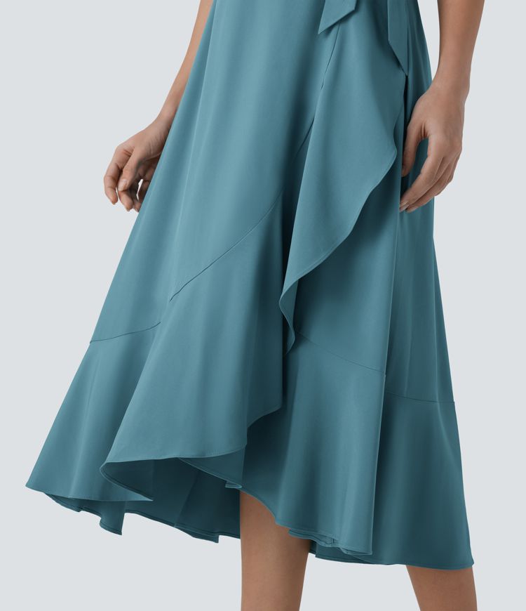 Breezeful™ V Neck Short Sleeve Wrapped Tie Pocket Ruffle Flowy Quick Dry Midi Casual Dress