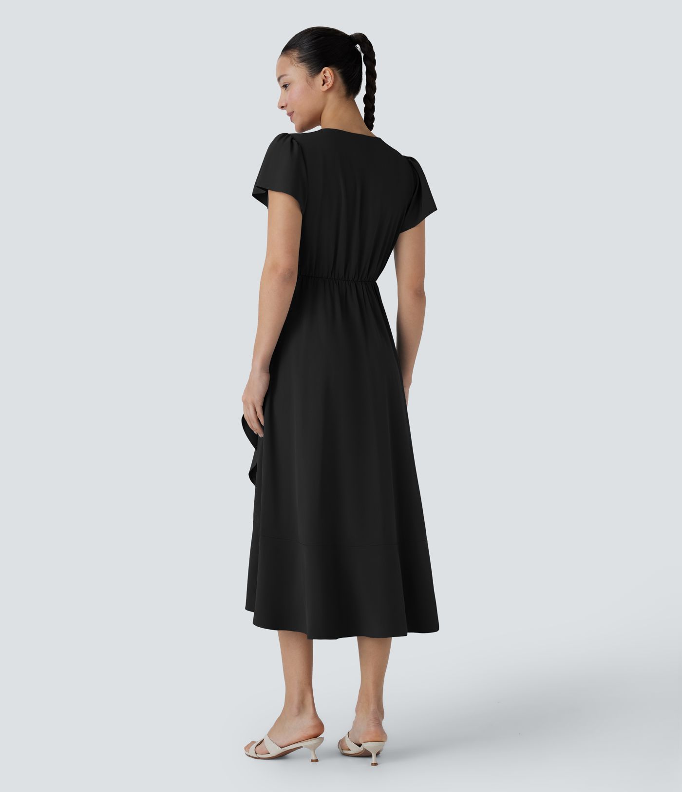 Breezeful™ V Neck Short Sleeve Wrapped Tie Pocket Ruffle Flowy Quick Dry Midi Casual Dress