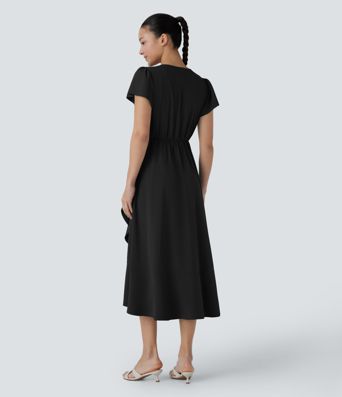 Breezeful™ V Neck Short Sleeve Wrapped Tie Pocket Ruffle Flowy Quick Dry Midi Casual Dress