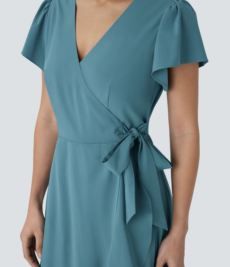 Breezeful™ V Neck Short Sleeve Wrapped Tie Pocket Ruffle Flowy Quick Dry Midi Casual Dress