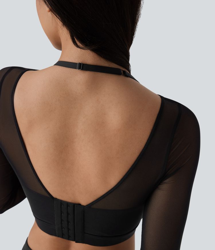 Halter Long Sleeve Thumb Hole Contrast Mesh 2-in-1 Cropped Yoga Sports Top