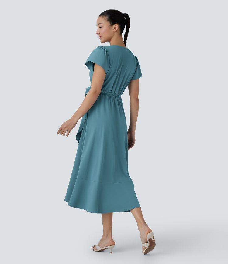 Breezeful™ V Neck Short Sleeve Wrapped Tie Side Pocket Ruffle Flowy Quick Dry Midi Casual Dress