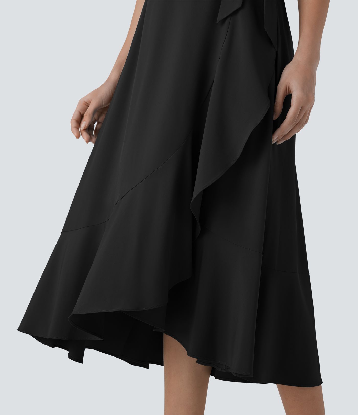 Breezeful™ V Neck Short Sleeve Wrapped Tie Pocket Ruffle Flowy Quick Dry Midi Casual Dress