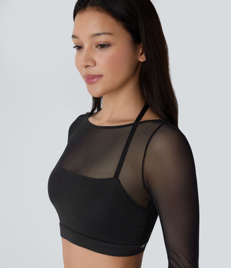 Halter Long Sleeve Thumb Hole Contrast Mesh 2-in-1 Cropped Yoga Sports Top