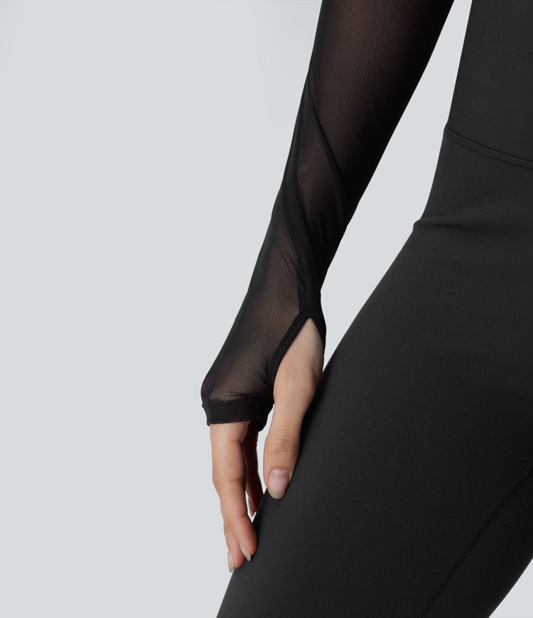 Halter Backless Long Sleeve Thumb Hole Contrast Mesh 2-in-1 Cropped Yoga Sports Top