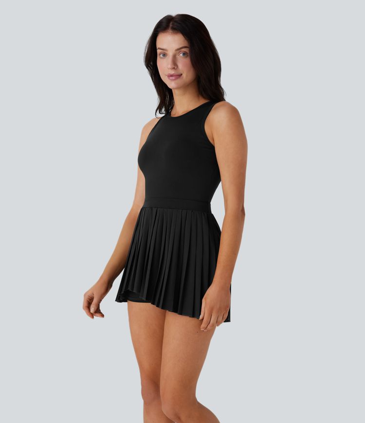 Breezeful™ Cut Out Contrast Mesh Pleated Hem 2 Piece Set Side Pocket Mini Quick Dry Dance Active Tank Dress