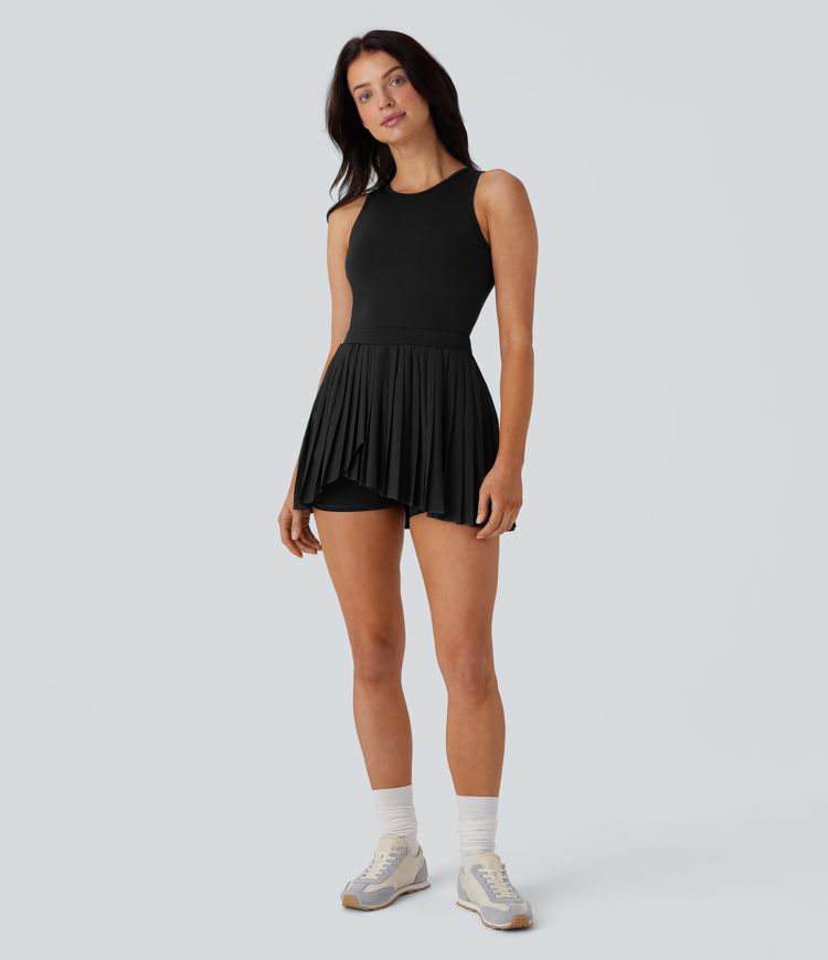Breezeful™ Cut Out Contrast Mesh Pleated Hem 2 Piece Set Pocket Mini Quick Dry Dance Active Tank Dress