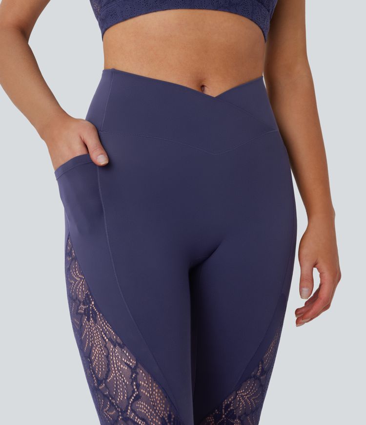 Softlyzero™ High Waisted Crossover Side Pocket Contrast Lace Yoga Leggings-UPF50+