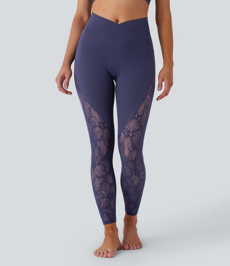 Softlyzero™ High Waisted Crossover Side Pocket Contrast Lace Yoga Leggings-UPF50+