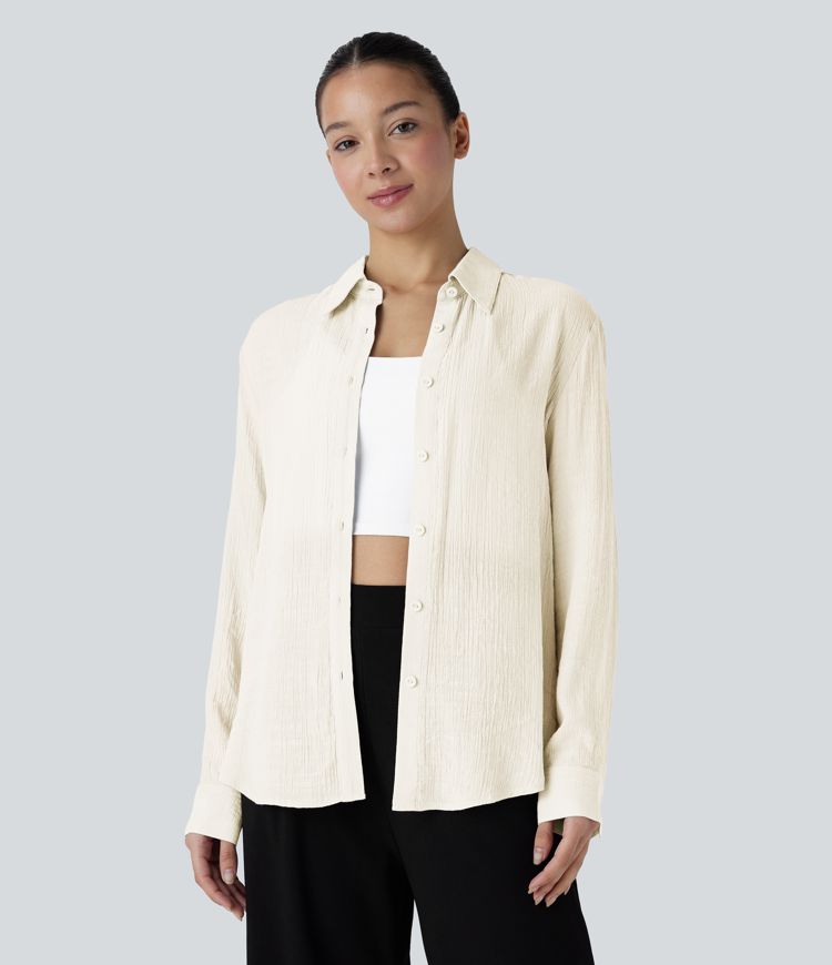 Collared Button Long Sleeve Curved Hem Work Shirt