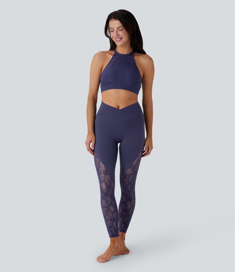 Softlyzero™ High Waisted Crossover Side Pocket Contrast Lace Yoga Leggings-UPF50+