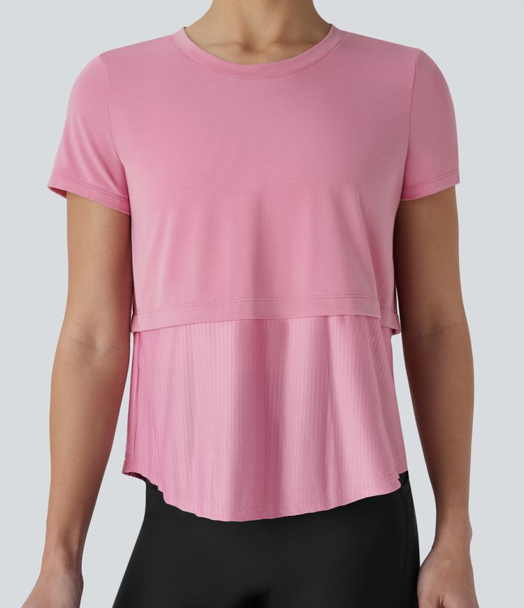 Round Neck Short Sleeve Patchwork Quick Dry Running Sports Top