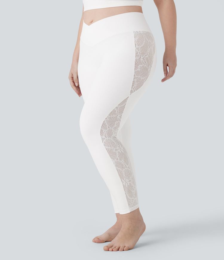 SoftlyZero™ High Waisted Crossover Contrast Lace Pocket Yoga 7/8 Plus Size Leggings-UPF50+