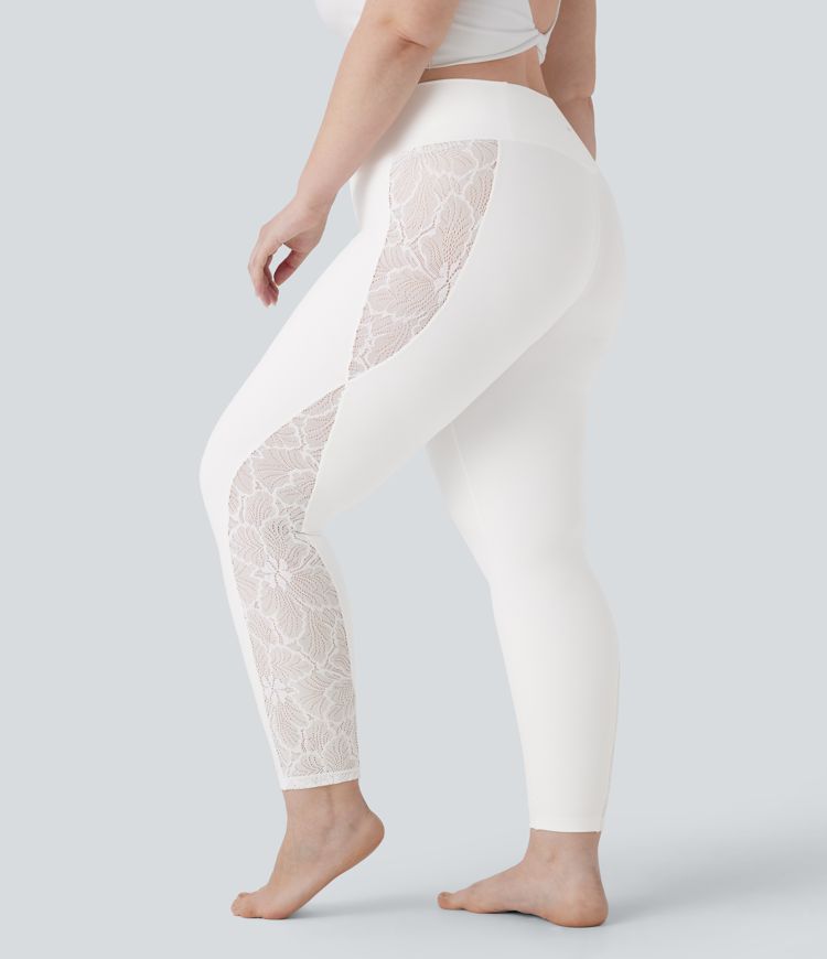 SoftlyZero™ High Waisted Crossover Contrast Lace Pocket Yoga 7/8 Plus Size Leggings-UPF50+