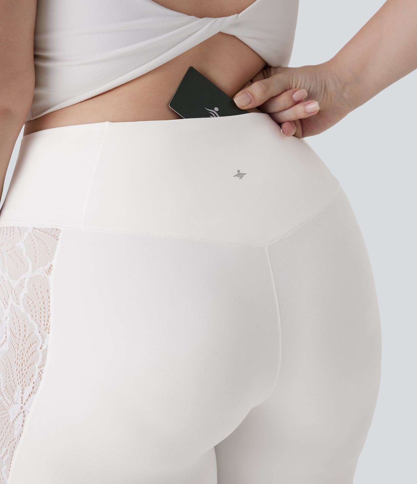 SoftlyZero™ High Waisted Crossover Contrast Lace Pocket Yoga 7/8 Plus Size Leggings-UPF50+