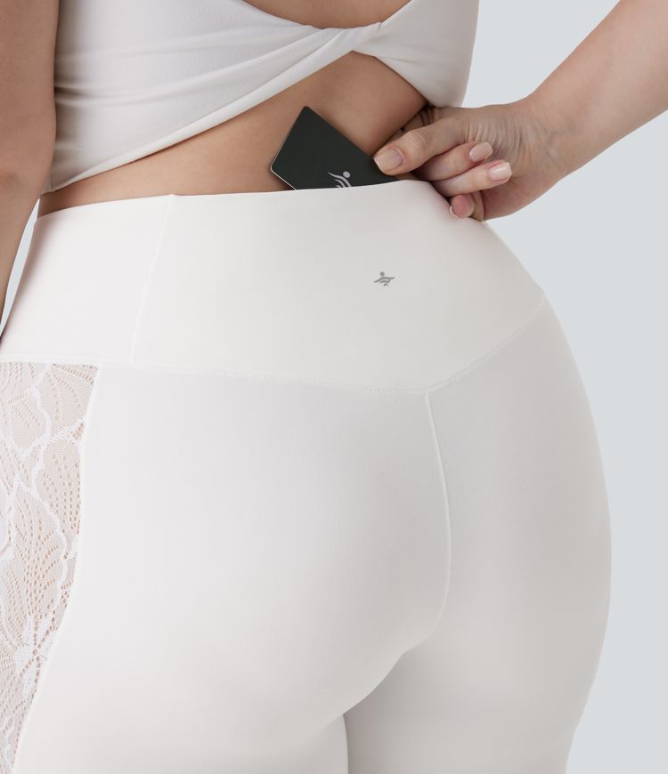 SoftlyZero™ High Waisted Crossover Contrast Lace Pocket Yoga 7/8 Plus Size Leggings-UPF50+