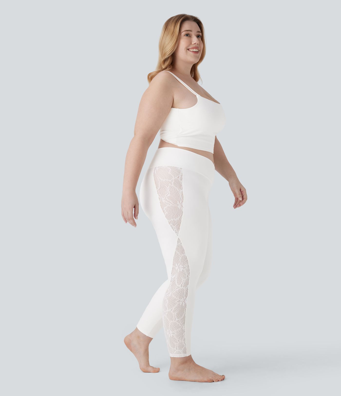 SoftlyZero™ High Waisted Crossover Contrast Lace Pocket Yoga 7/8 Plus Size Leggings-UPF50+