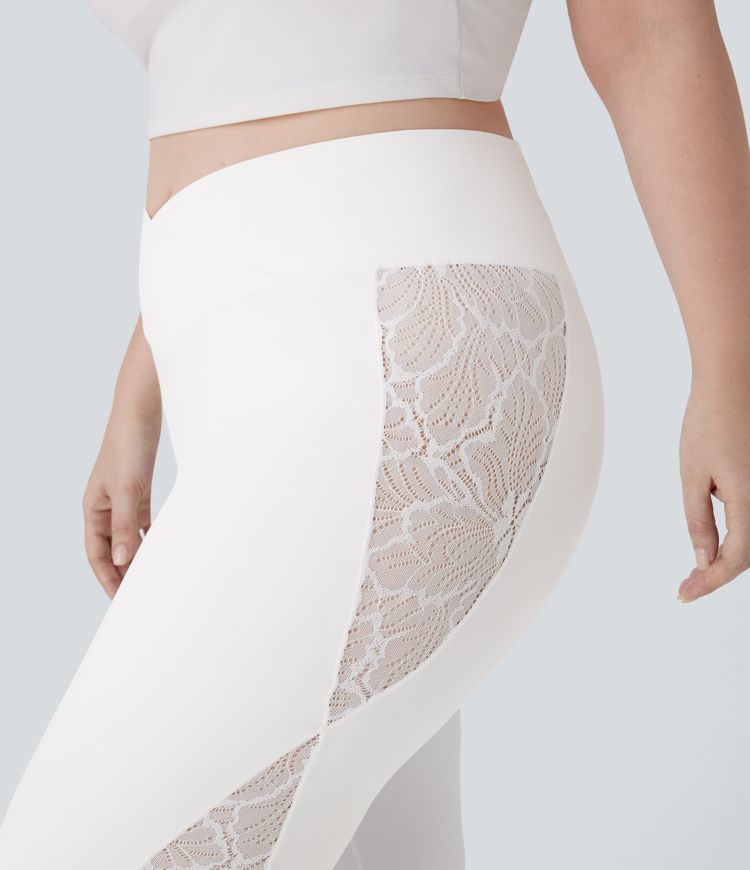 SoftlyZero™ High Waisted Crossover Contrast Lace Pocket Yoga 7/8 Plus Size Leggings-UPF50+