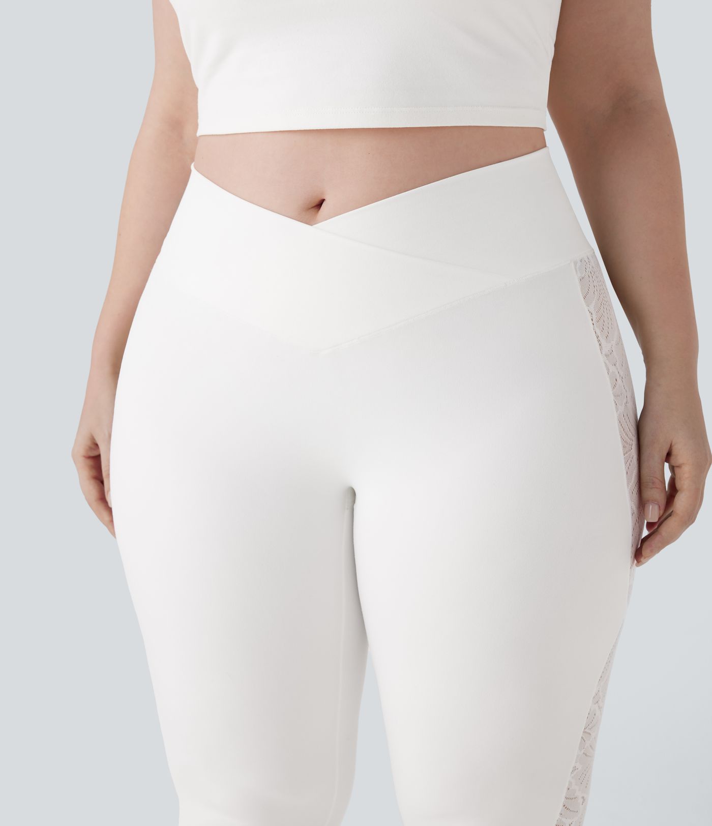 SoftlyZero™ High Waisted Crossover Contrast Lace Pocket Yoga 7/8 Plus Size Leggings-UPF50+