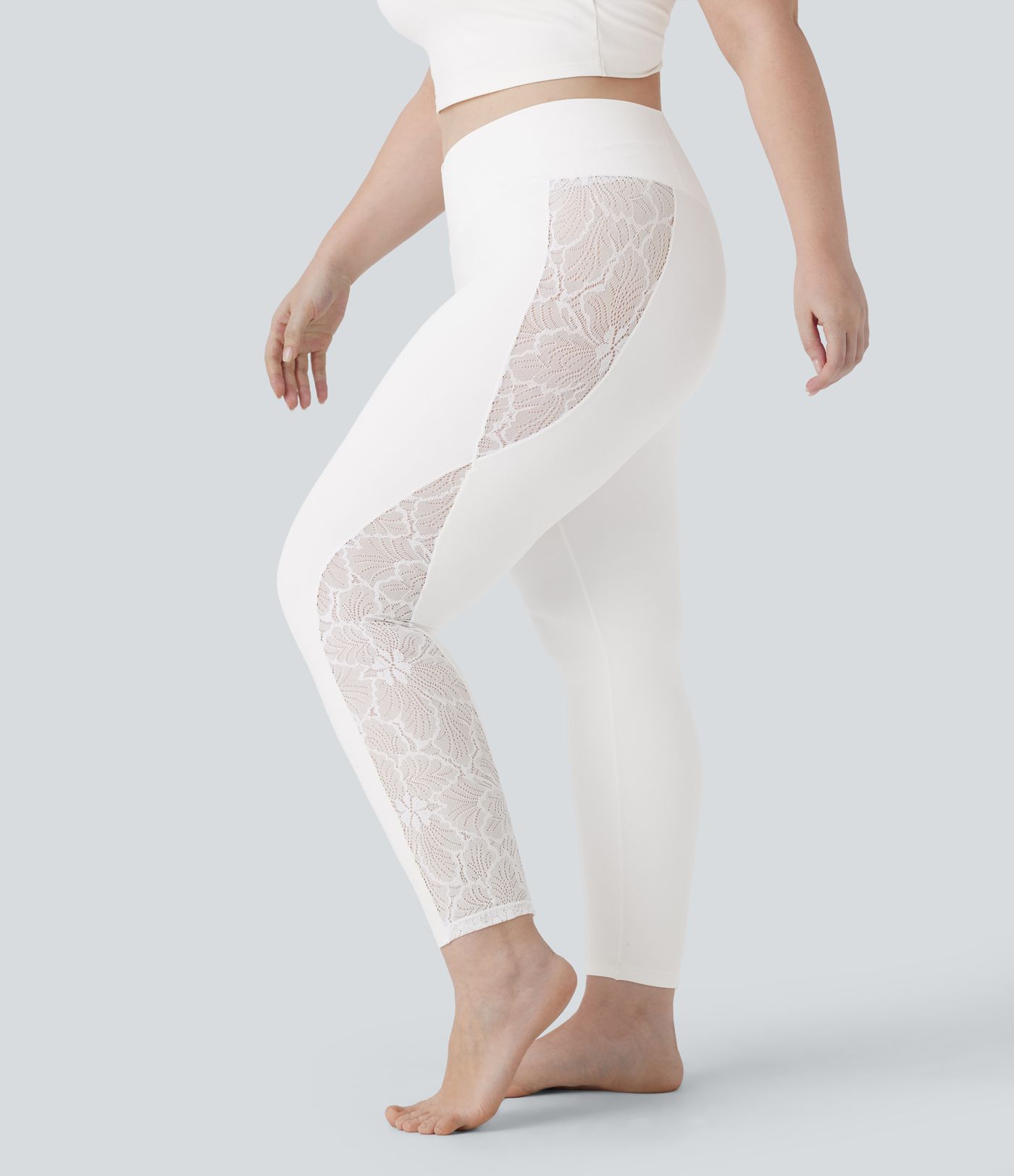 SoftlyZero™ High Waisted Crossover Contrast Lace Pocket Yoga 7/8 Plus Size Leggings-UPF50+