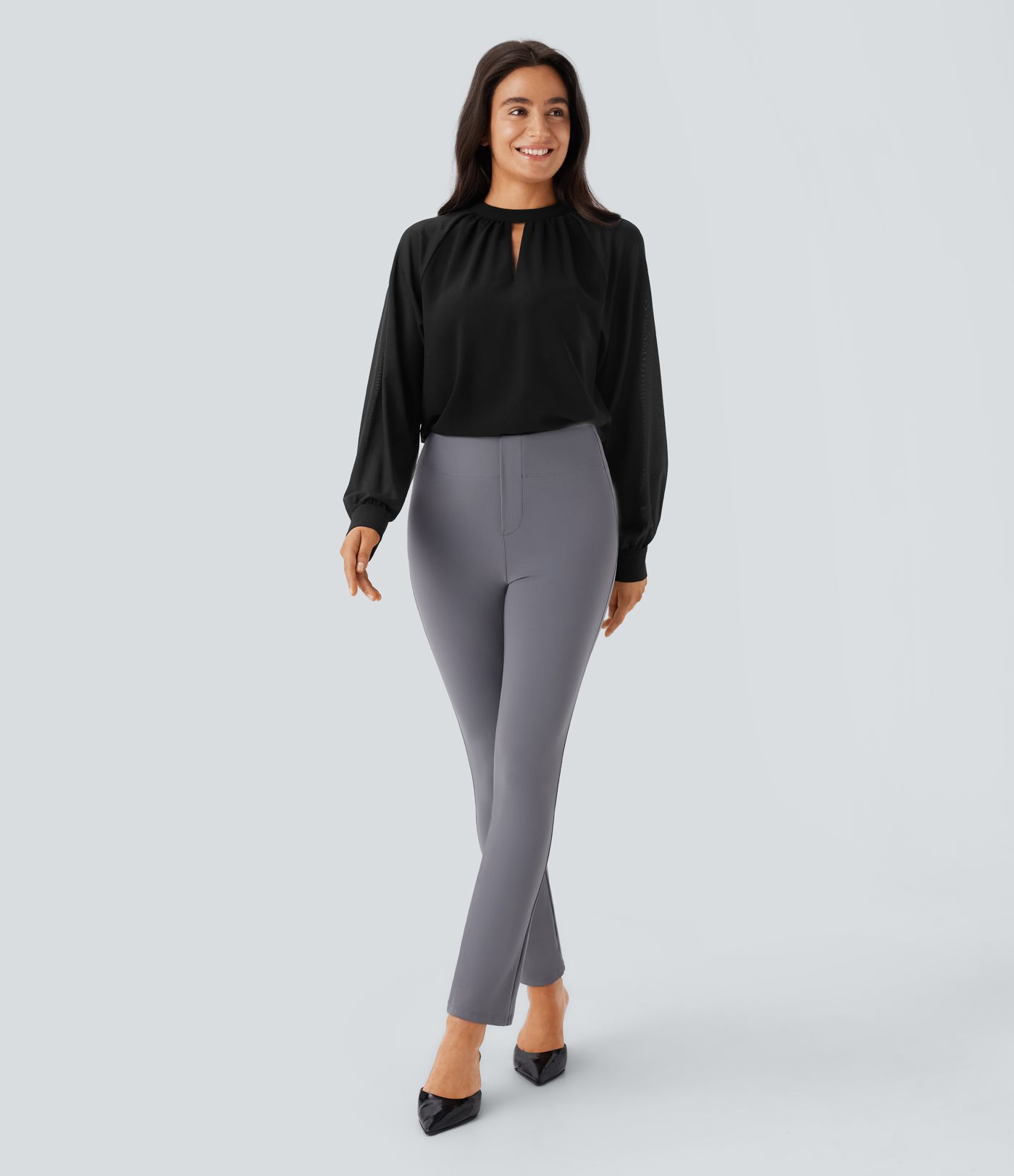 Stand Collar Keyhole Back Contrast Mesh Raglan Sleeve Work Blouse